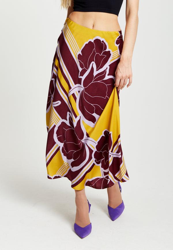 Liquorish Women's Mustard and Burgundy Geometric Floral Print Midi Skirt with Elasticated Waistband by Liquorish