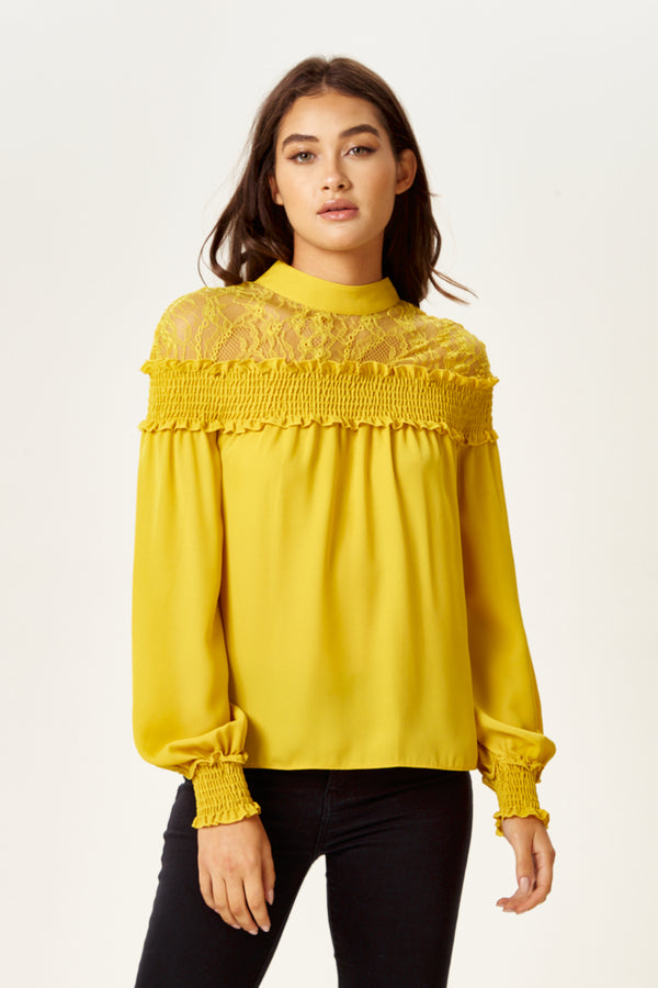 Liquorish Women's Mustard Long Sleeve Top With Lace Details High Neck Tie Back Regular Fit Elegant And Stylish