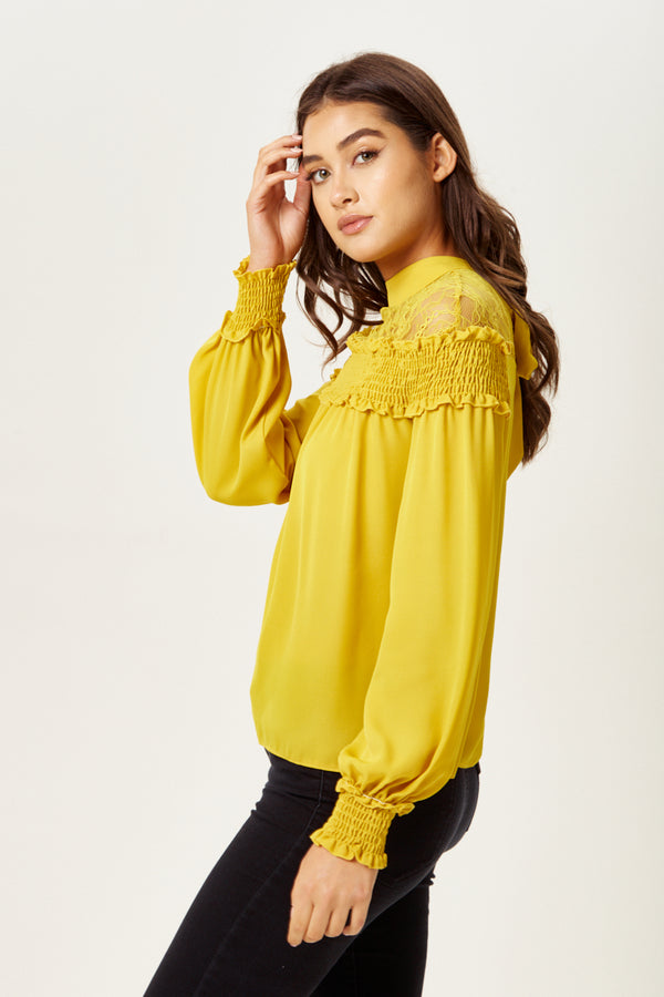 Liquorish Women's Mustard Long Sleeve Top With Lace Details High Neck Tie Back Regular Fit Elegant And Stylish
