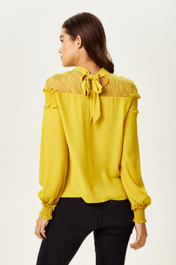 Liquorish Women's Mustard Long Sleeve Top With Lace Details High Neck Tie Back Regular Fit Elegant And Stylish