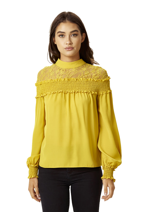 Liquorish Women's Mustard Long Sleeve Top with Lace Details High Neck Tie Back Regular Fit Elegant and Stylish