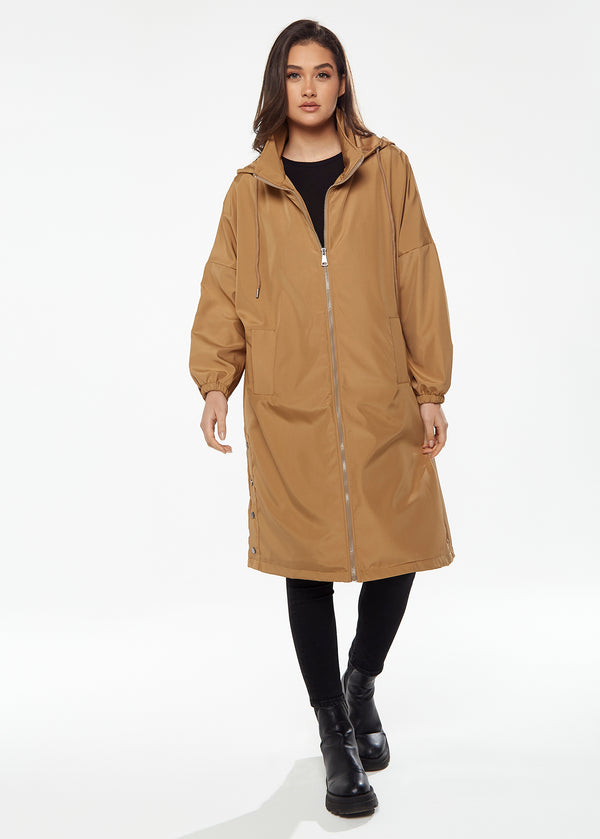 Liquorish Women's Never Give Up Parka In Camel With Eye-catching Embroidery Oversized Hood And Functional Design Features