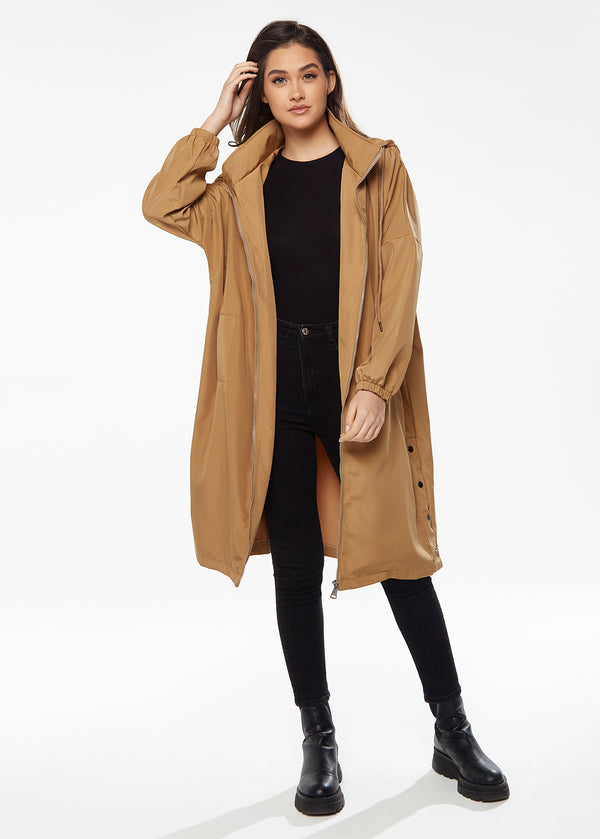 Liquorish Women's Never Give Up Parka In Camel With Eye-catching Embroidery Oversized Hood And Functional Design Features