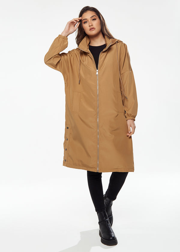 Liquorish Women's Never Give Up Parka In Camel With Eye-catching Embroidery Oversized Hood And Functional Design Features