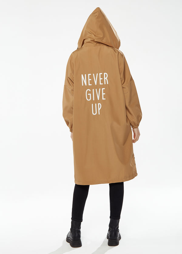 Liquorish Women's Never Give up Parka in Camel with Eye-catching Embroidery Oversized Hood and Functional Design Features