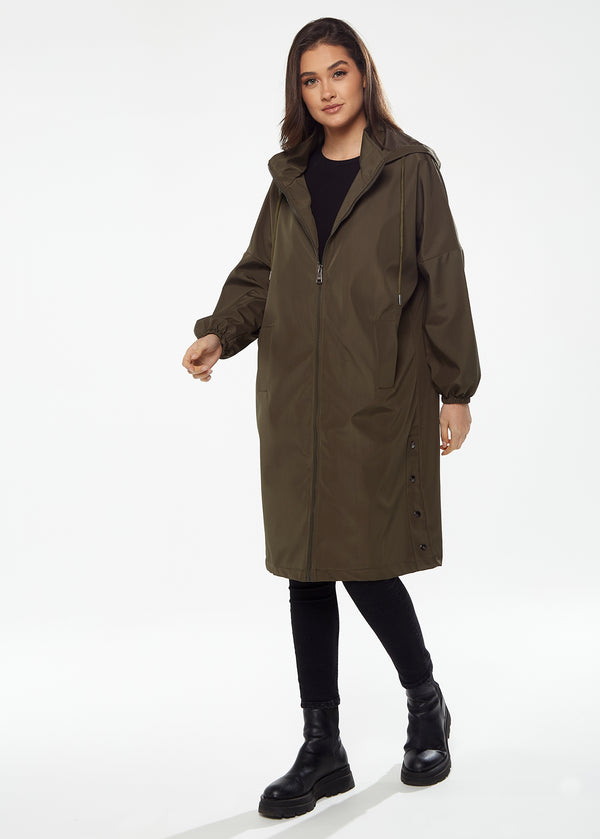 Liquorish Women's Never Give Up Parka In Khaki With Full-Length Sleeves Eye-Catching Embroidery And Practical Side Pockets