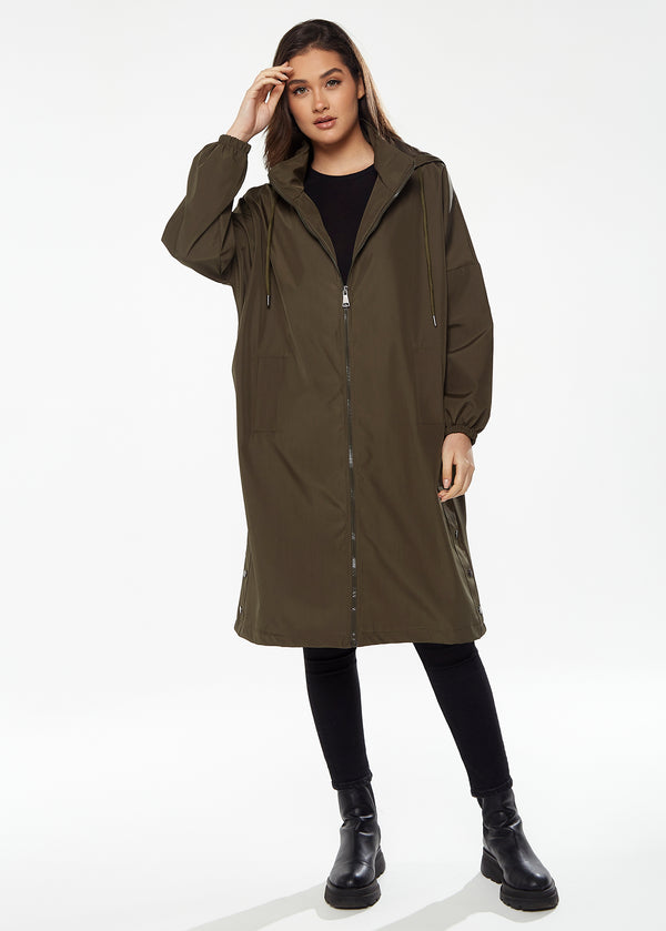Liquorish Women's Never Give Up Parka In Khaki With Full-Length Sleeves Eye-Catching Embroidery And Practical Side Pockets