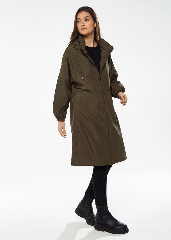 Liquorish Women's Never Give Up Parka In Khaki With Full-Length Sleeves Eye-Catching Embroidery And Practical Side Pockets