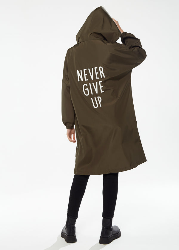 Liquorish Women's Never Give Up Parka in Khaki with Full-Length Sleeves Eye-Catching Embroidery and Practical Side Pockets