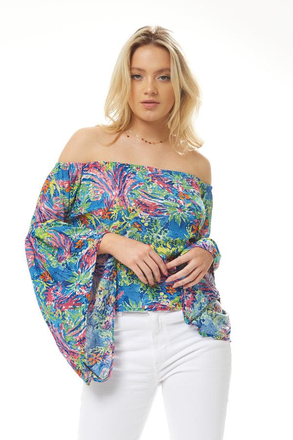 Liquorish Women's Off Shoulder Multicolour Floral Print Top - Summer Style Regular Fit Short Sleeves UK Sizes S- L