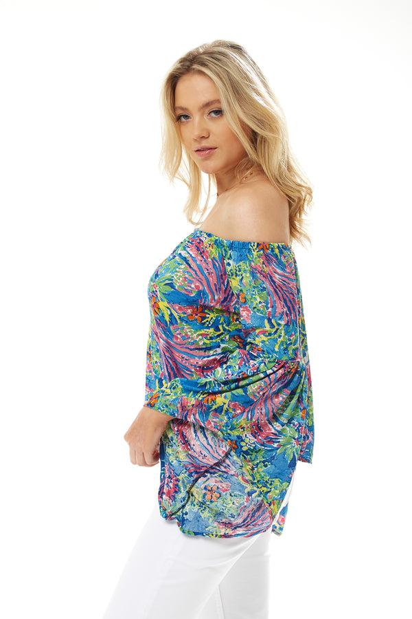 Liquorish Women's Off Shoulder Multicolour Floral Print Top - Summer Style Regular Fit Short Sleeves UK Sizes S- L