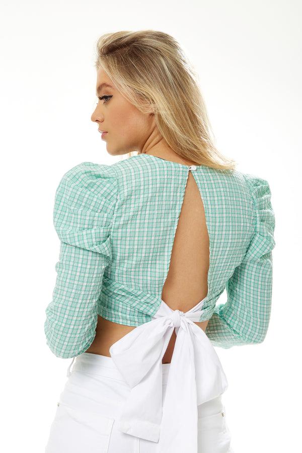 Liquorish Women's Open Back Crop Top In Green - Cropped Length 3/4 Sleeves High Neck Tie Detail Back. Available In UK Sizes S- L