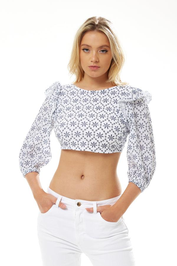 Liquorish Women's Open Back Floral Crop Top in White - 3/4 Sleeve High Neck Cropped Length Tie Detail Back