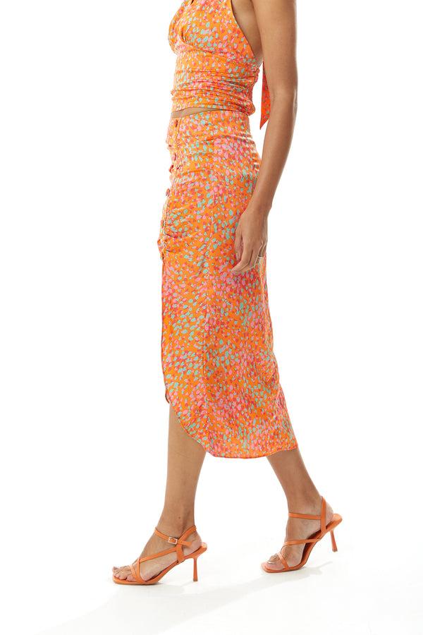 Liquorish Women's Orange Print Midi Skirt With Side Slit And Fake Buttons - Perfect For Summer Holidays By Liquorish