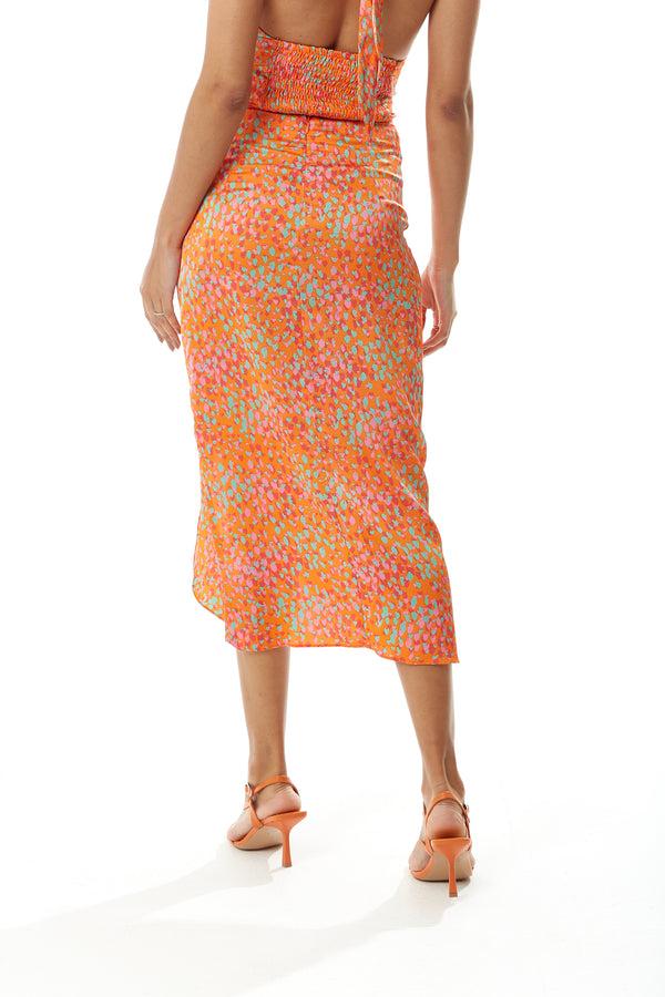 Liquorish Women's Orange Print Midi Skirt With Side Slit And Fake Buttons - Perfect For Summer Holidays By Liquorish