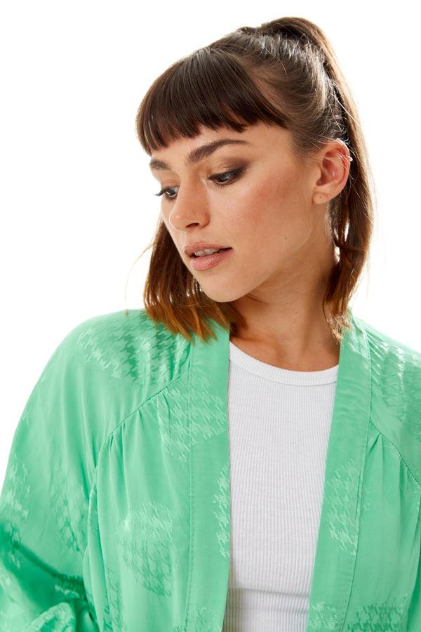Liquorish Women's Oversized Long Sleeve Green Jacquard Kimono With Open Front Design And Elegant Texture For Effortless Style