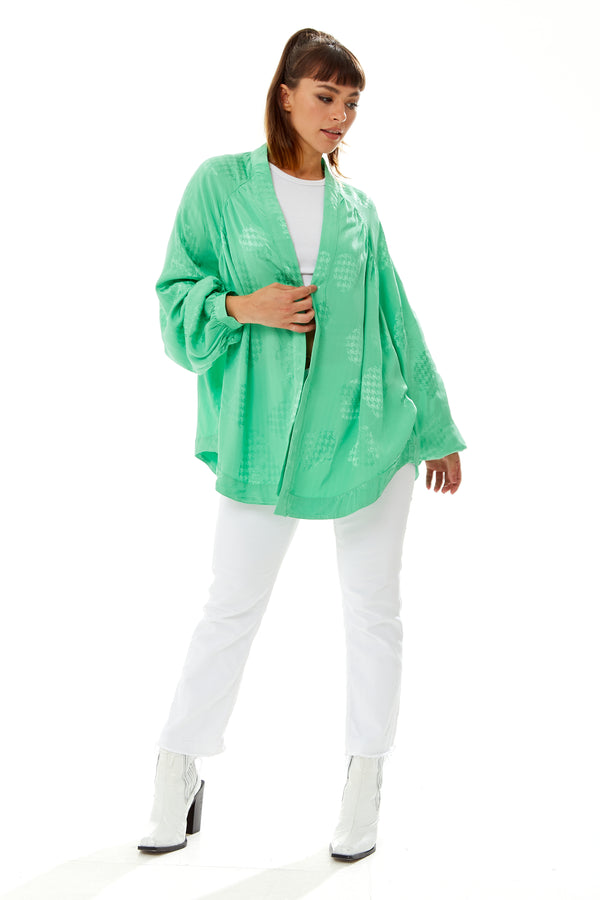 Liquorish Women's Oversized Long Sleeve Green Jacquard Kimono with Open Front Design and Elegant Texture for Effortless Style