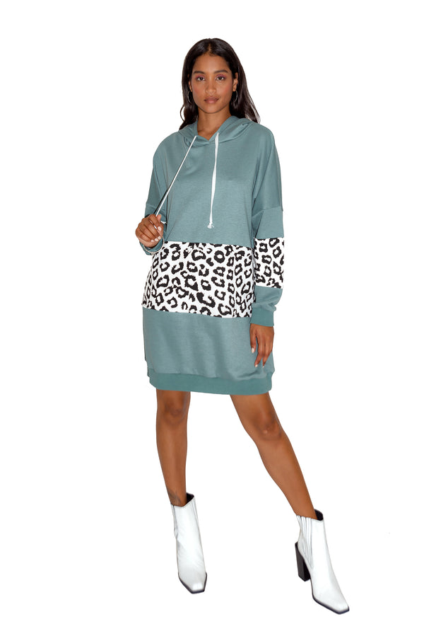 Liquorish Women's Oversized Midi Hoodie Dress in Sage with Trendy Leopard Print