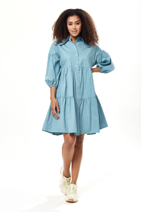 Liquorish Women's Oversized Midi Shirt Dress Blue Button-Up Front 3/4 Sleeve Chic Collar