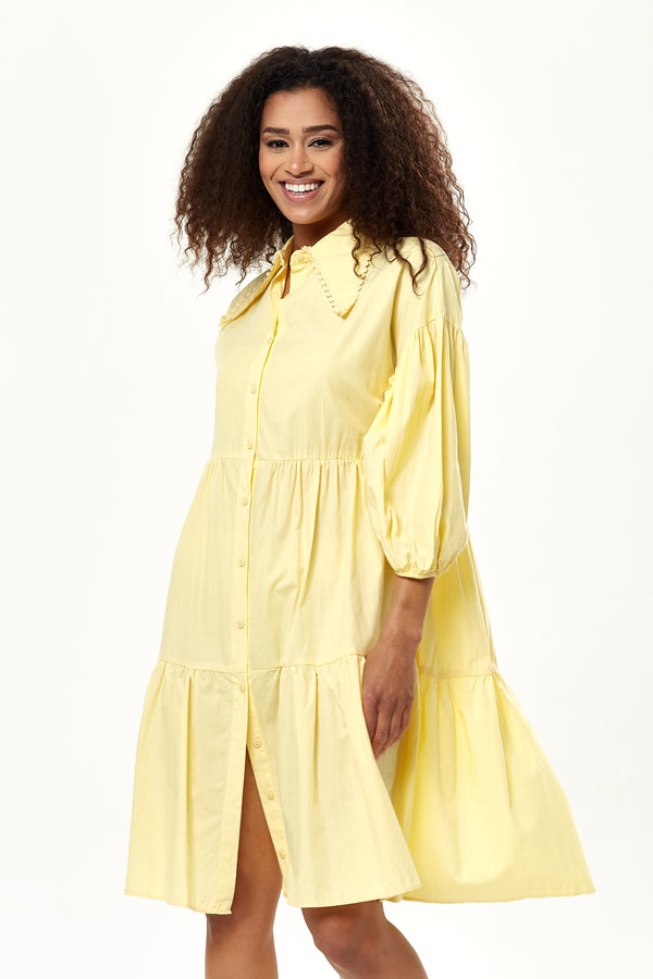 Liquorish Women's Oversized Yellow Shirt Dress with 3/4 Sleeves Button-Up Front and Chic Collar Detail