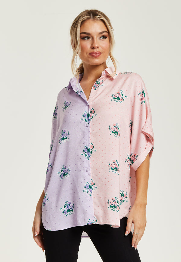 Liquorish Women's Pink And Lilac Floral Print Shirt With Short Sleeves Button Up Front Regular Fit Shirt Collar