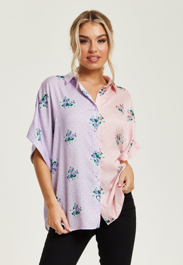 Liquorish Women's Pink And Lilac Floral Print Shirt With Short Sleeves Button Up Front Regular Fit Shirt Collar