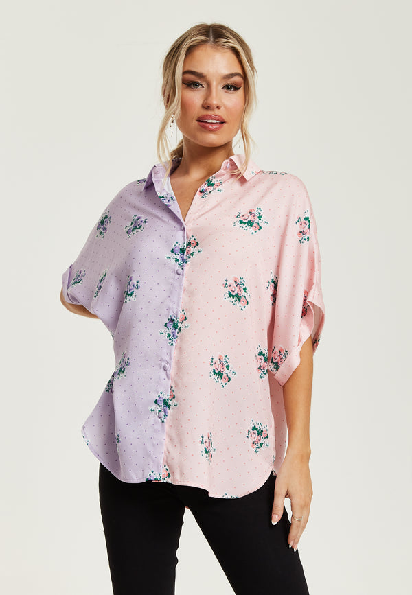 Liquorish Women's Pink And Lilac Floral Print Shirt With Short Sleeves Button Up Front Regular Fit Shirt Collar