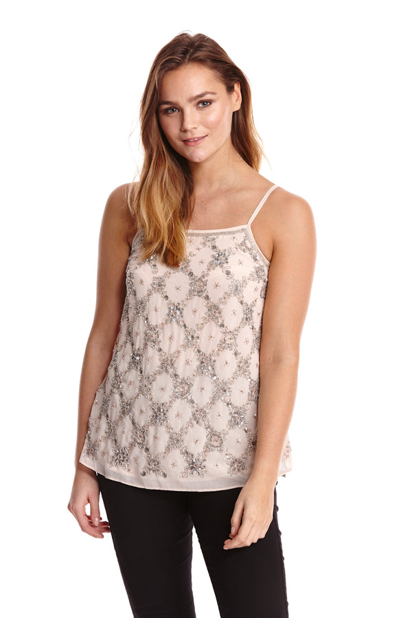Liquorish Women's Pink Cami Top With Sequins Embroidery Spaghetti Straps Loose Fit Ideal For Stylish Casual Wear