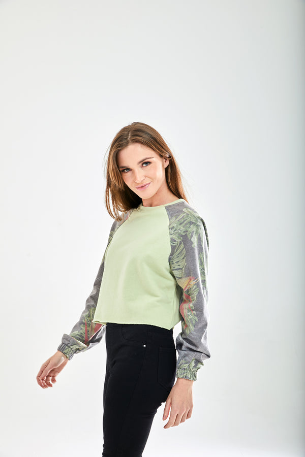 Liquorish Women's Printed Raglan Sleeve Crop Sweat - Long Sleeves Elasticated Cuffs Regular Fit Available In UK Sizes 8-12