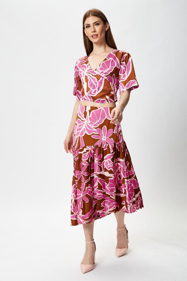 Liquorish Women's Purple Floral Asymmetric Pleated Midi Skirt With High Waist - Regular Fit 100% Polyester Liquorish