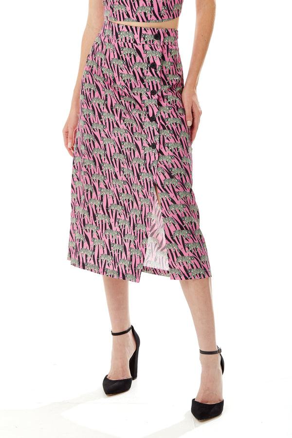 Liquorish Women's Purple Midi Skirt With Mixed Animal Print Front Buttons Side Slit - Liquorish
