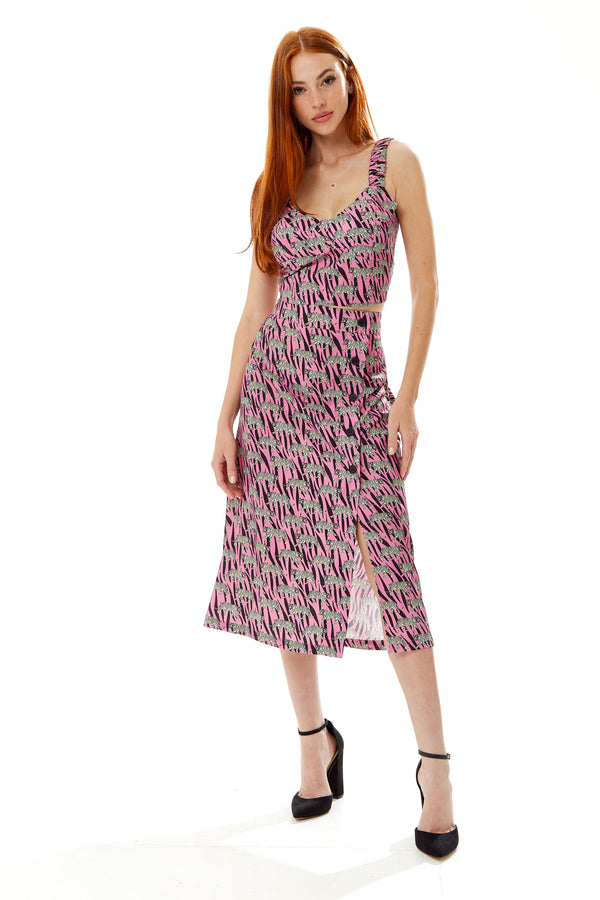 Liquorish Women's Purple Midi Skirt With Mixed Animal Print Front Buttons Side Slit - Liquorish