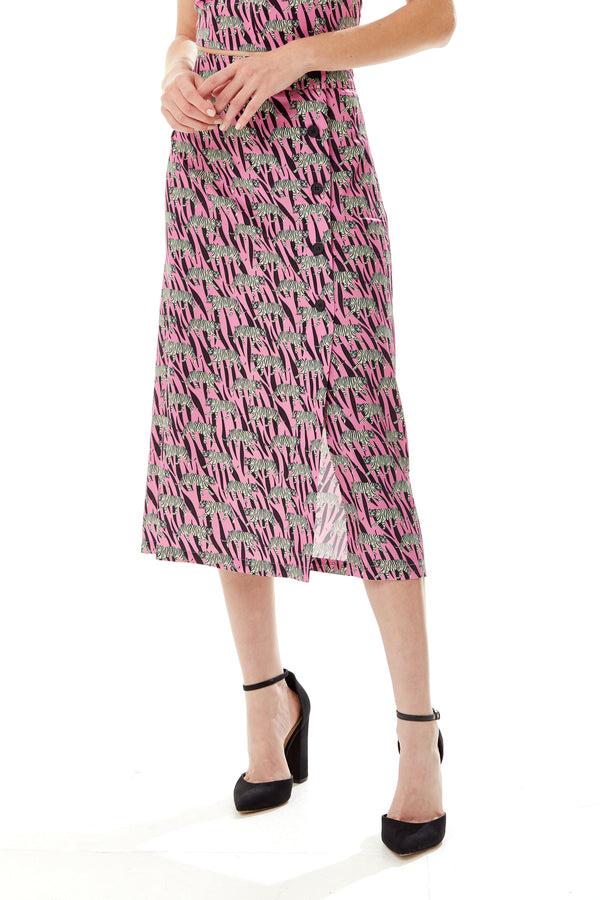 Liquorish Women's Purple Midi Skirt with Mixed Animal Print Front Buttons Side Slit - Liquorish