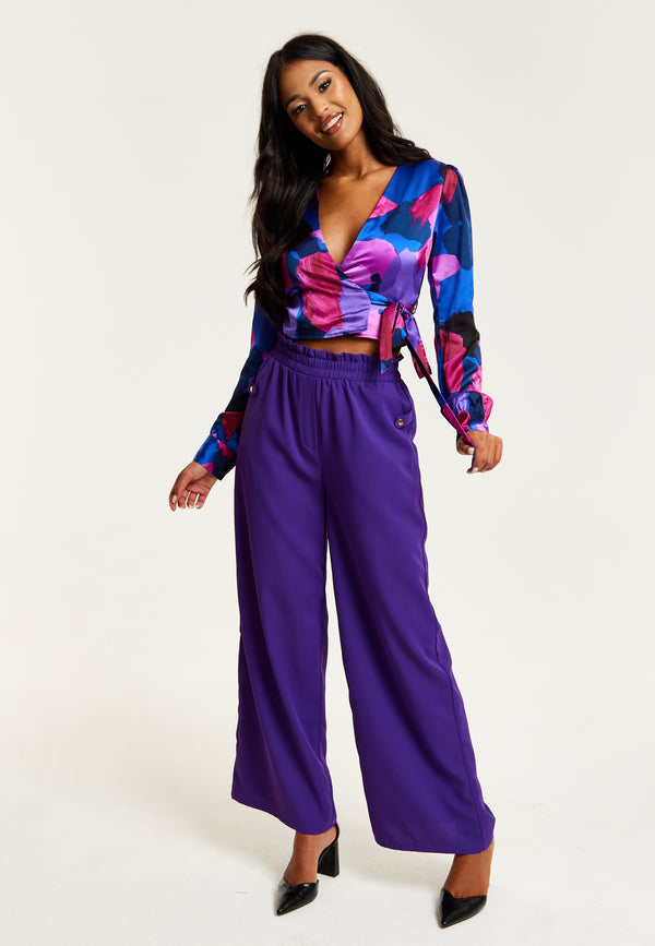 Liquorish Women’s Purple Wide Leg Trousers With High Waist Elasticated Waist & Front Pockets - Liquorish