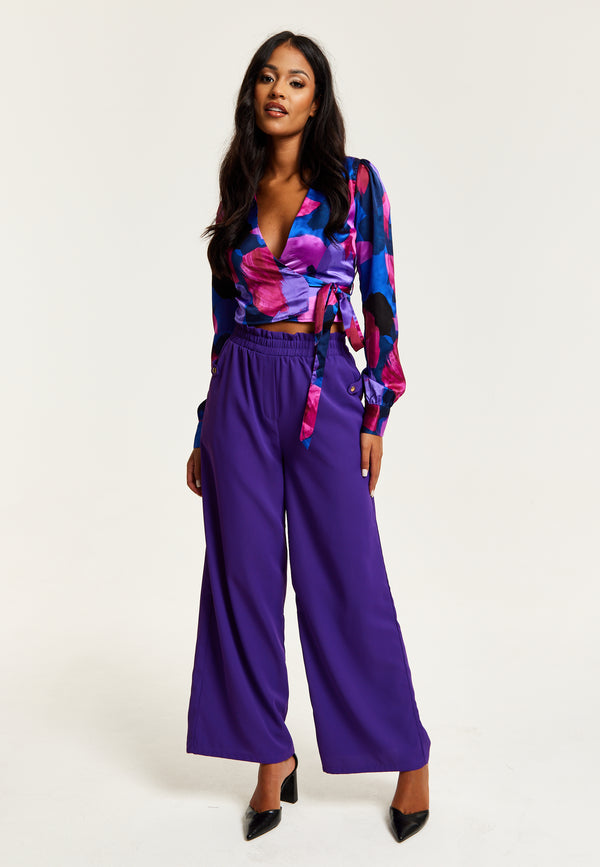 Liquorish Women’s Purple Wide Leg Trousers With High Waist Elasticated Waist & Front Pockets - Liquorish