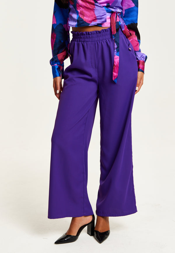 Liquorish Women’s Purple Wide Leg Trousers With High Waist Elasticated Waist & Front Pockets - Liquorish