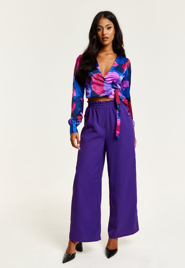 Liquorish Women’s Purple Wide Leg Trousers with High Waist Elasticated Waist & Front Pockets - Liquorish