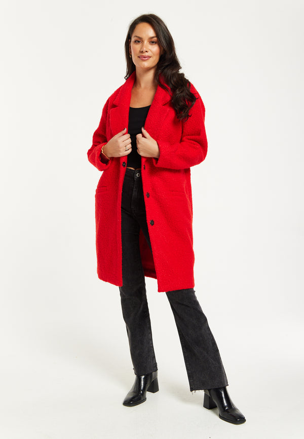 Liquorish Women's Red Bouclé Coat With Notch Lapels Dropped Shoulders & Relaxed Fit - Liquorish