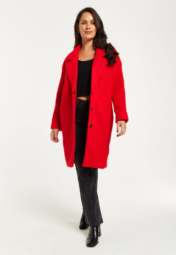 Liquorish Women's Red Bouclé Coat With Notch Lapels Dropped Shoulders & Relaxed Fit - Liquorish
