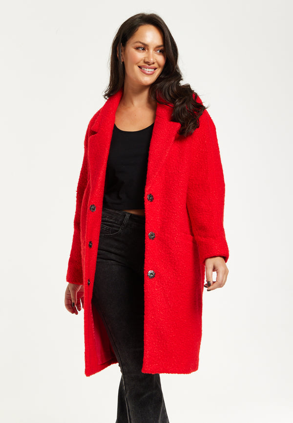 Liquorish Women's Red Bouclé Coat With Notch Lapels Dropped Shoulders & Relaxed Fit - Liquorish