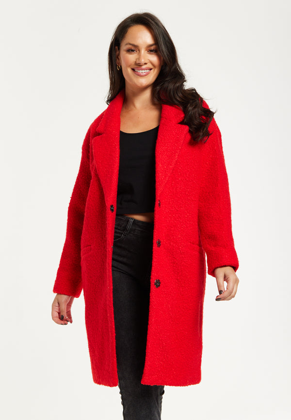 Liquorish Women's Red Bouclé Coat with Notch Lapels Dropped Shoulders & Relaxed Fit - Liquorish