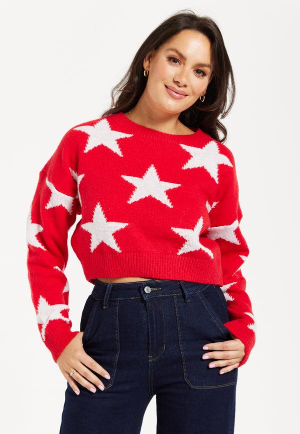 Liquorish Women's Red Cropped Long Sleeve Jumper With Unique Star Pattern By Liquorish
