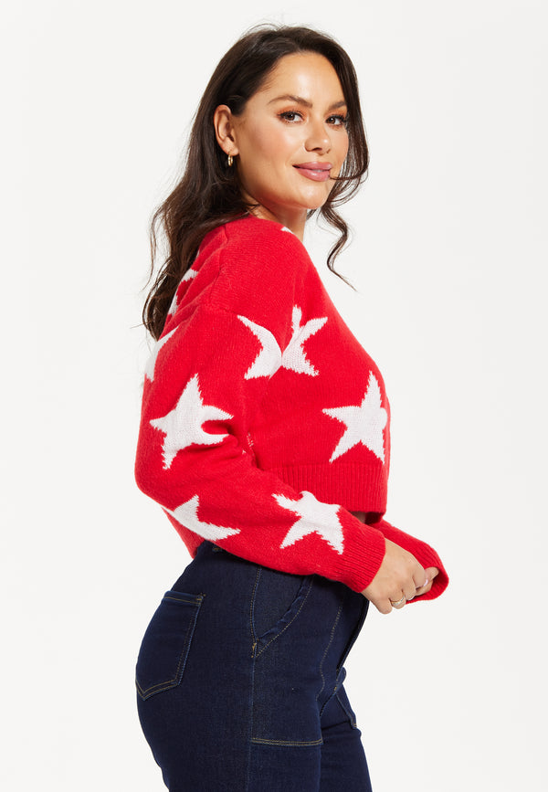 Liquorish Women's Red Cropped Long Sleeve Jumper With Unique Star Pattern By Liquorish
