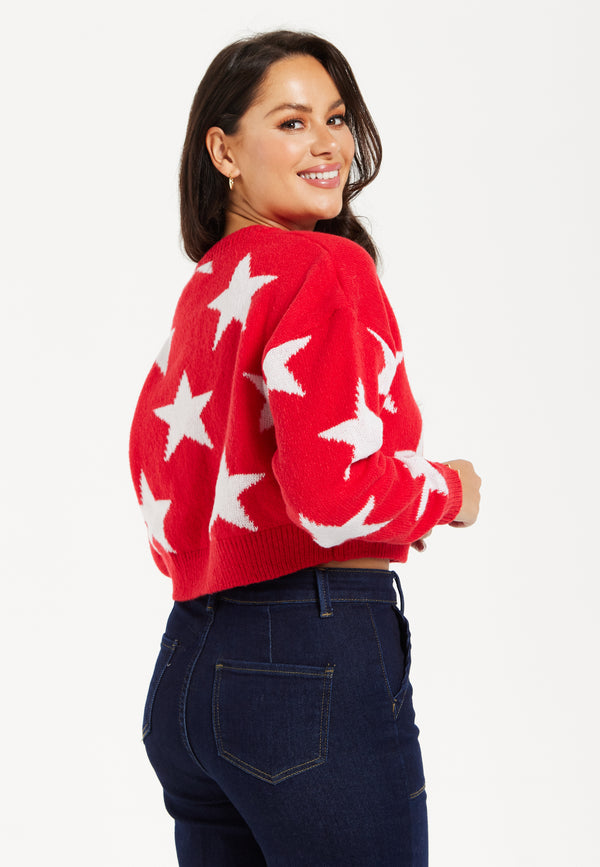 Liquorish Women's Red Cropped Long Sleeve Jumper With Unique Star Pattern By Liquorish