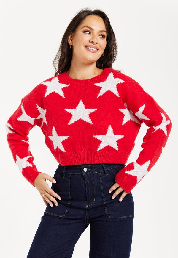 Liquorish Women's Red Cropped Long Sleeve Jumper with Unique Star Pattern by Liquorish