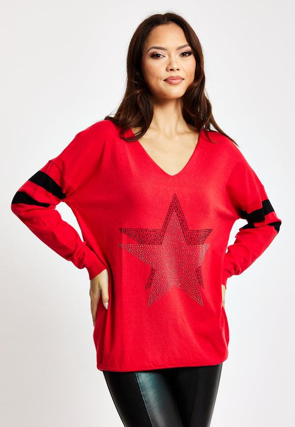 Liquorish Women's Red Jumper With Sparkly Star & Stripes V-neck Long Sleeves Exposed Metal Zip Black & Silver Studs - Liquorish