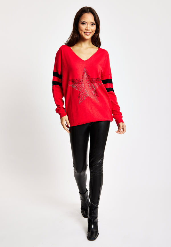 Liquorish Women's Red Jumper With Sparkly Star & Stripes V-neck Long Sleeves Exposed Metal Zip Black & Silver Studs - Liquorish