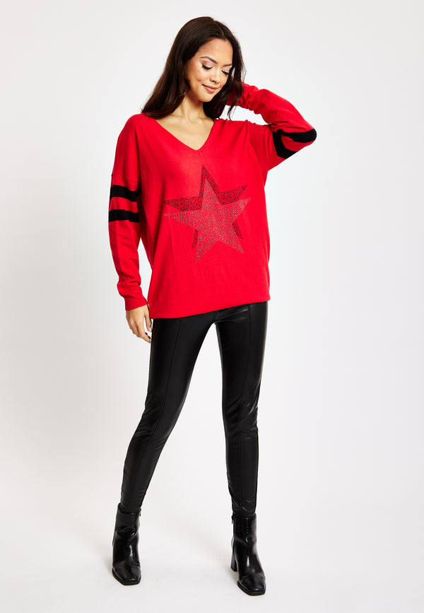 Liquorish Women's Red Jumper With Sparkly Star & Stripes V-neck Long Sleeves Exposed Metal Zip Black & Silver Studs - Liquorish
