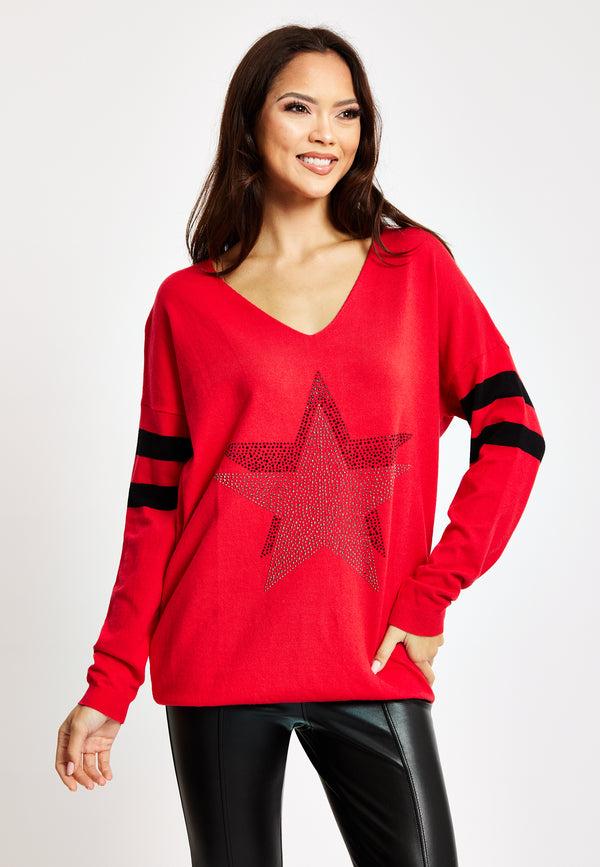 Liquorish Women's Red Jumper with Sparkly Star & Stripes V-neck Long Sleeves Exposed Metal Zip Black & Silver Studs - Liquorish
