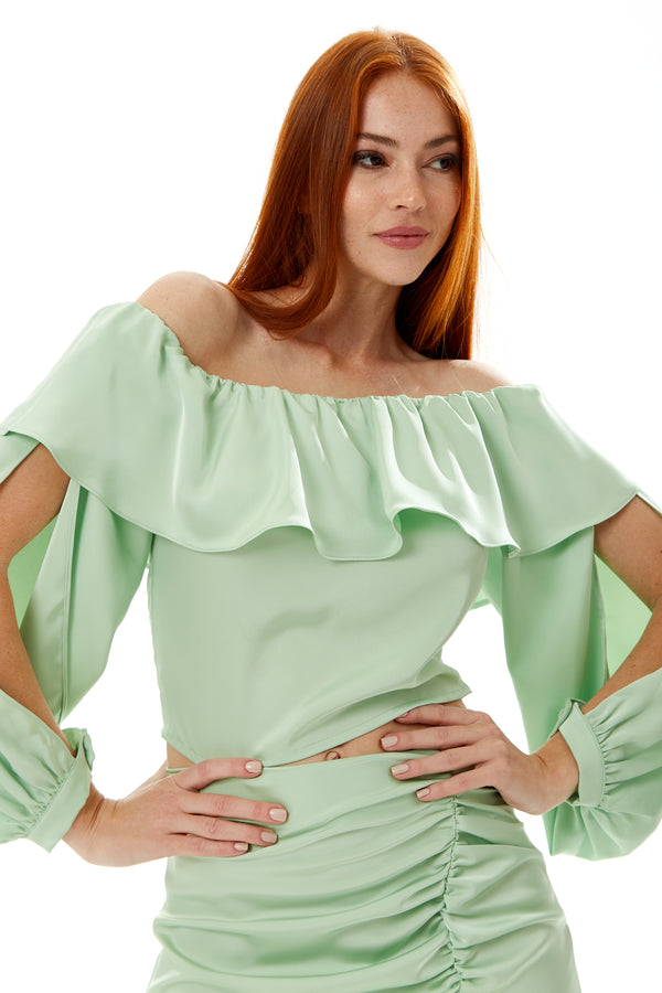 Liquorish Women's Ruffle Long Sleeve Off Shoulder Top With Sleeve Slits In Mint Green